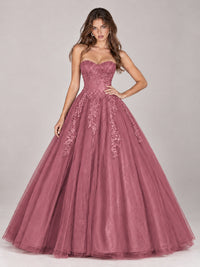 Strapless Sweetheart Tulle Ball Gown Prom Dress with Lace Appliques