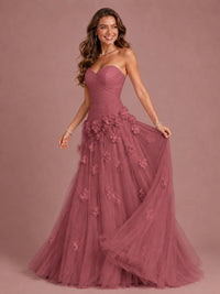Blush Pink Strapless Sweetheart 3D Floral Tulle Ball Gown Prom Dres