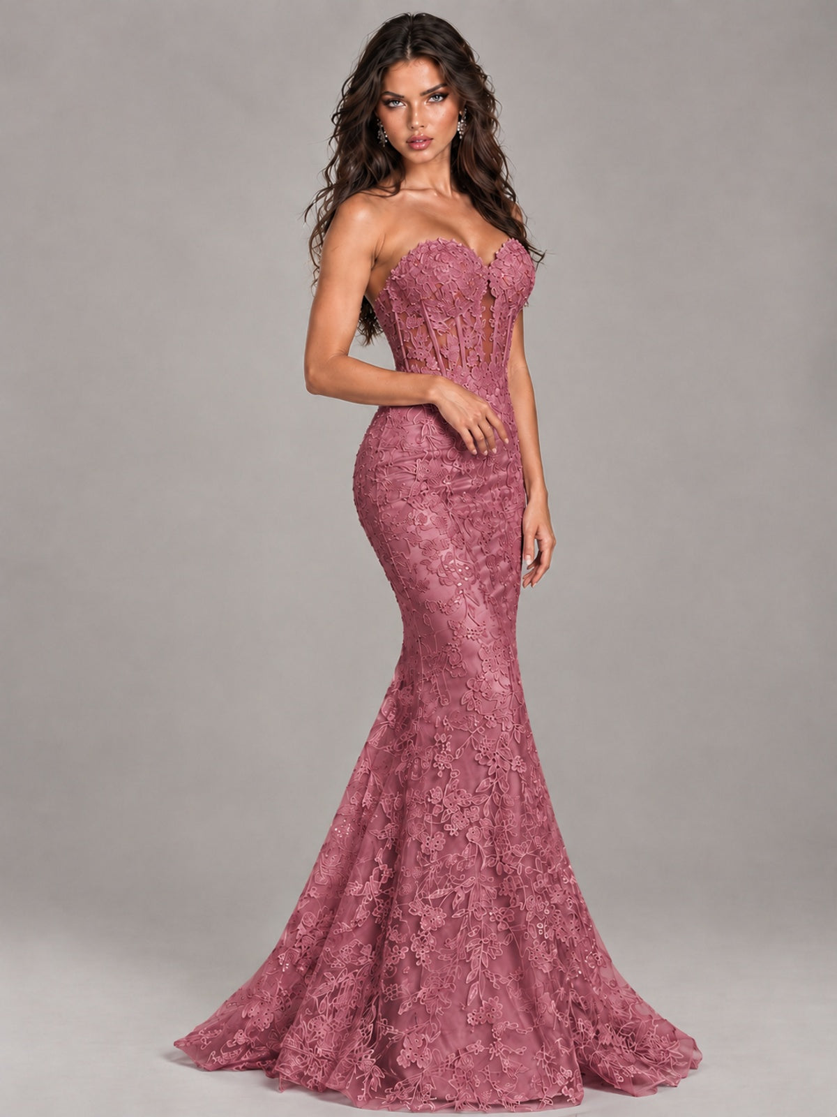 Strapless Corset Mermaid Prom Dress Lace Appliqué Formal Gown