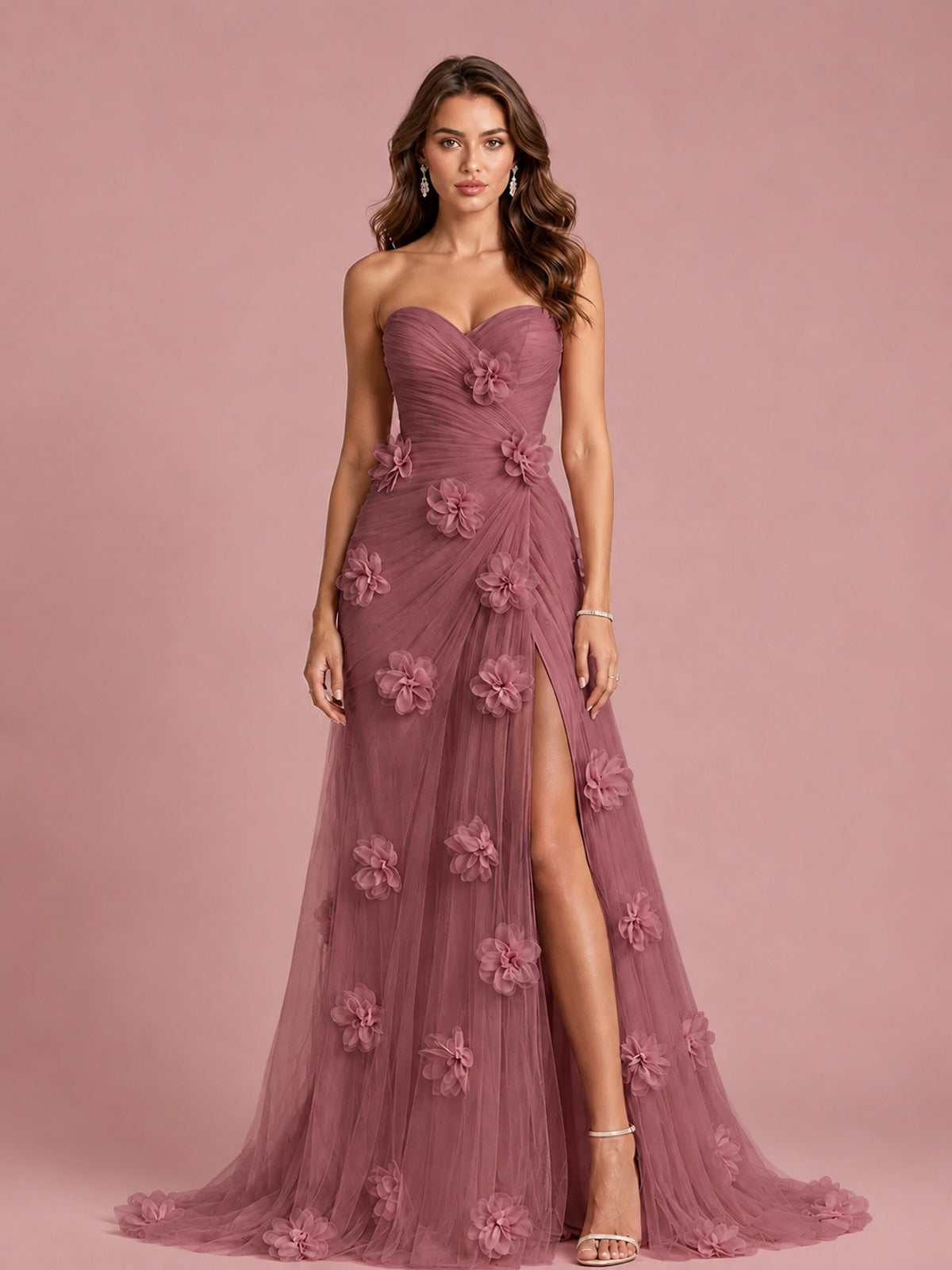 3D Floral Applique Strapless Tulle Prom Dress with High Slit