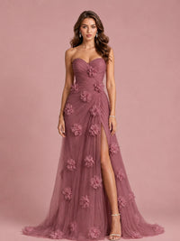 3D Floral Applique Strapless Tulle Prom Dress with High Slit