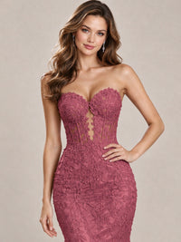 Strapless Corset Mermaid Prom Dress with Floral Lace Appliqué