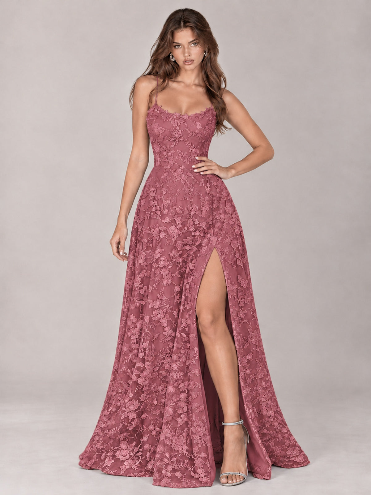 Floral Lace A-Line Prom Dress with Spaghetti Straps & High Slit