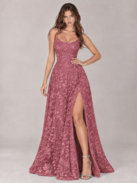 Floral Lace A-Line Prom Dress with Spaghetti Straps & High Slit