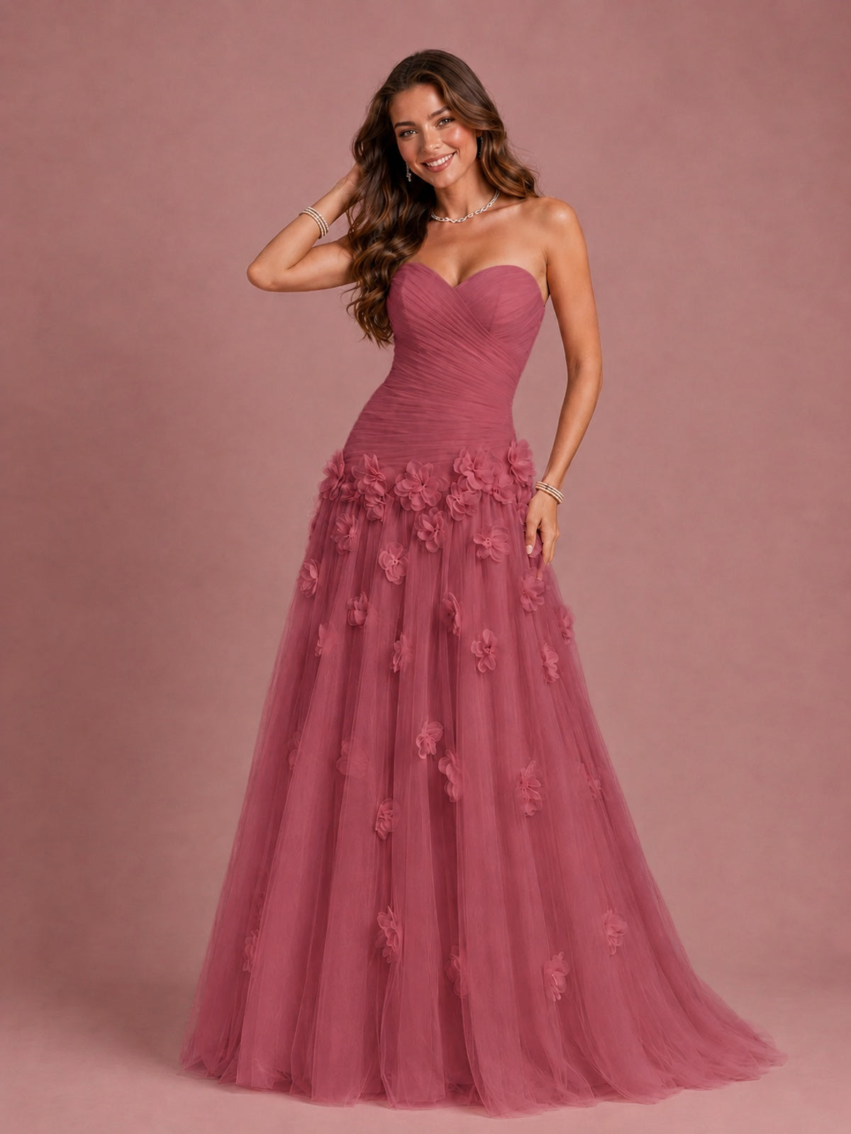 Blush Pink Strapless Sweetheart 3D Floral Tulle Ball Gown Prom Dres