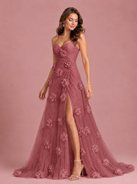 3D Floral Applique Strapless Tulle Prom Dress with High Slit
