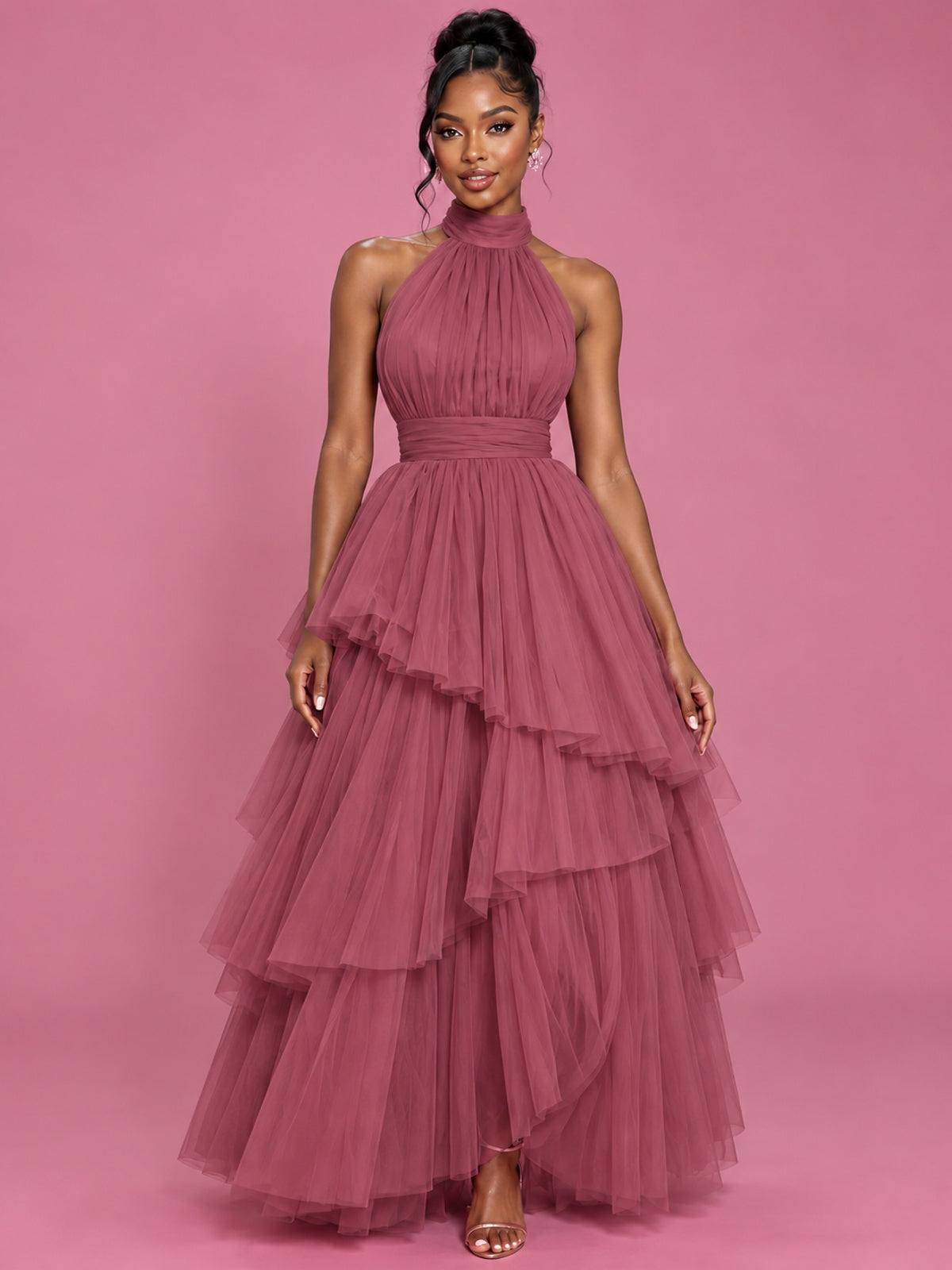 Hot Pink Tulle Halter Neck Tiered Ruffle Maxi Dress