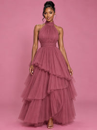 Hot Pink Tulle Halter Neck Tiered Ruffle Maxi Dress