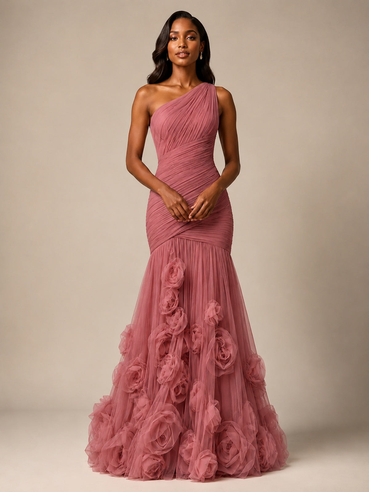 Blush Pink One Shoulder 3D Floral Mermaid Prom Dress