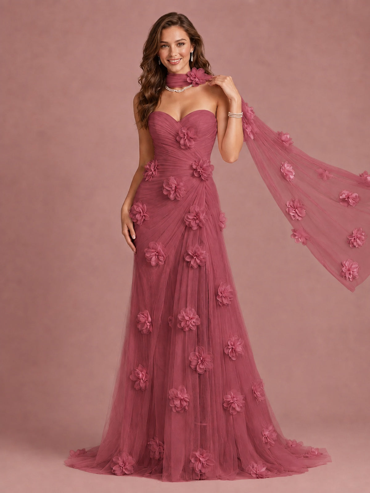 Blush Pink Strapless Sweetheart 3D Floral Tulle Mermaid Prom Dress