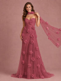 Blush Pink Strapless Sweetheart 3D Floral Tulle Mermaid Prom Dress