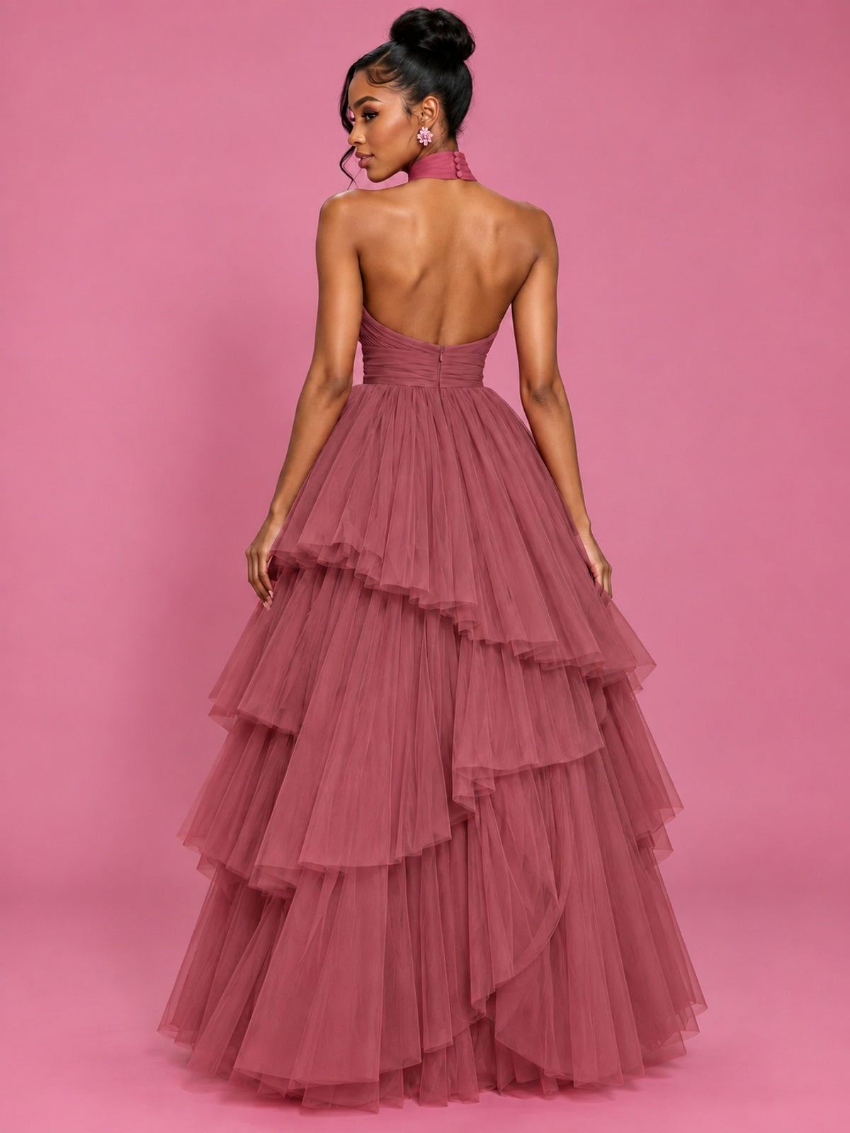 Hot Pink Tulle Halter Neck Tiered Ruffle Maxi Dress
