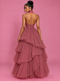 Hot Pink Tulle Halter Neck Tiered Ruffle Maxi Dress