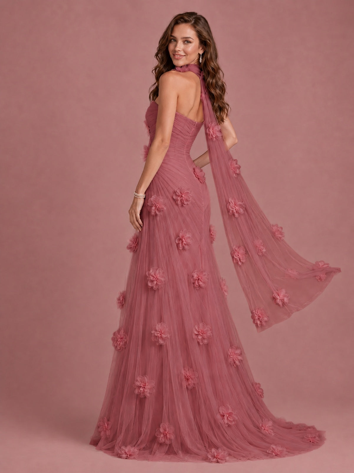 Blush Pink Strapless Sweetheart 3D Floral Tulle Mermaid Prom Dress