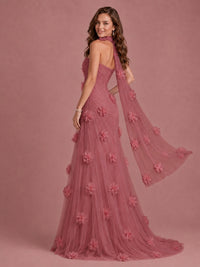 Blush Pink Strapless Sweetheart 3D Floral Tulle Mermaid Prom Dress