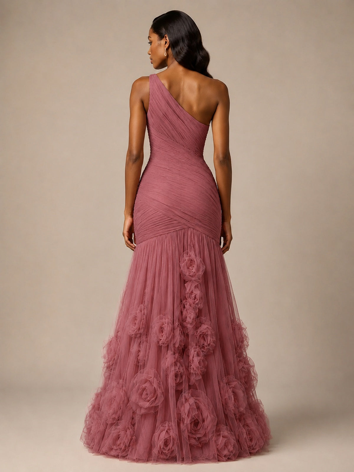 Blush Pink One Shoulder 3D Floral Mermaid Prom Dress