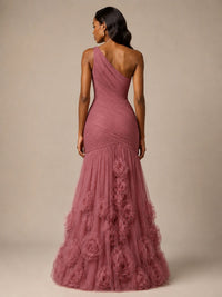 Blush Pink One Shoulder 3D Floral Mermaid Prom Dress