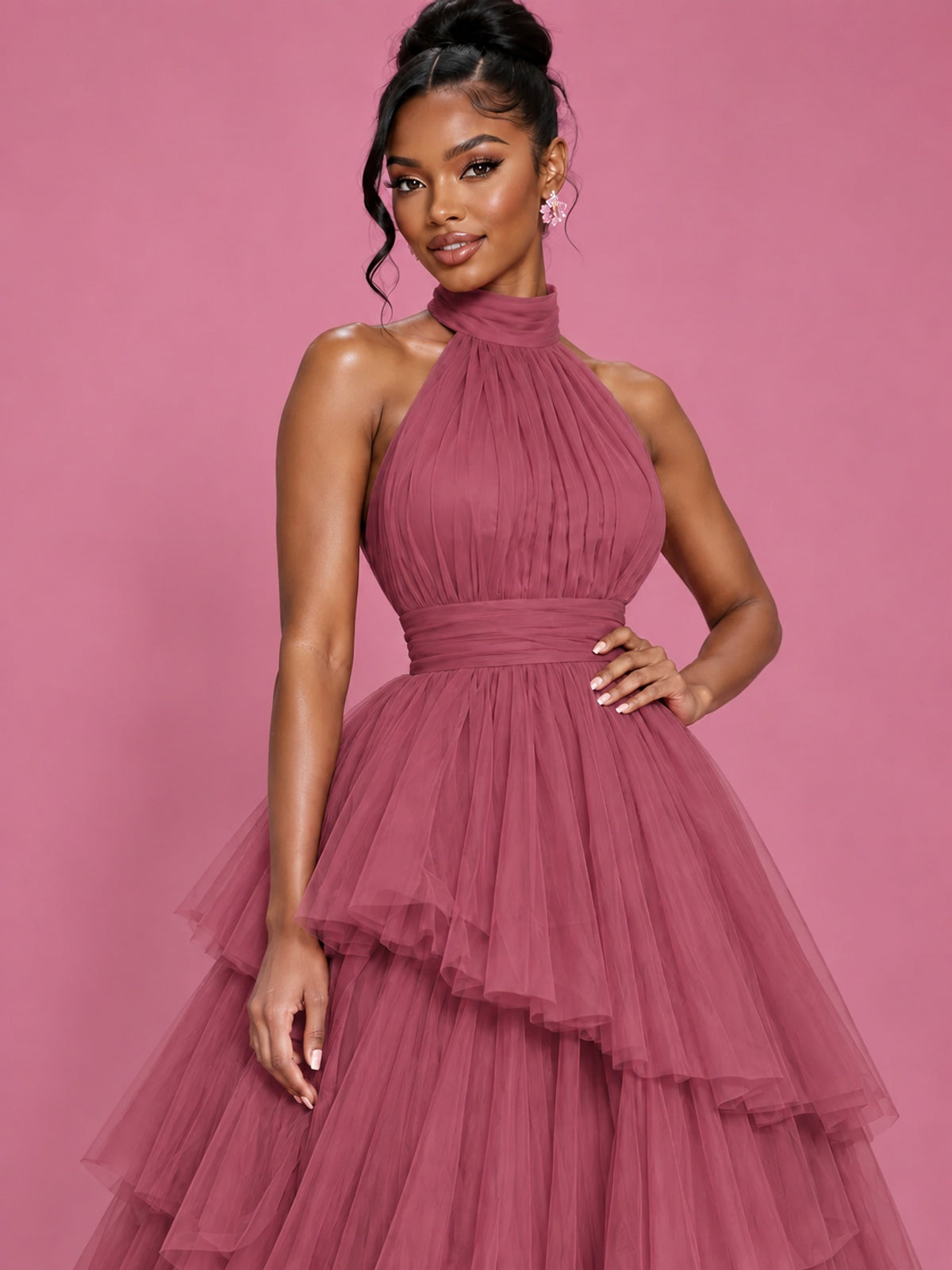 Hot Pink Tulle Halter Neck Tiered Ruffle Maxi Dress