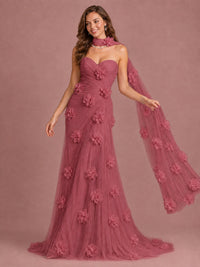 Blush Pink Strapless Sweetheart 3D Floral Tulle Mermaid Prom Dress