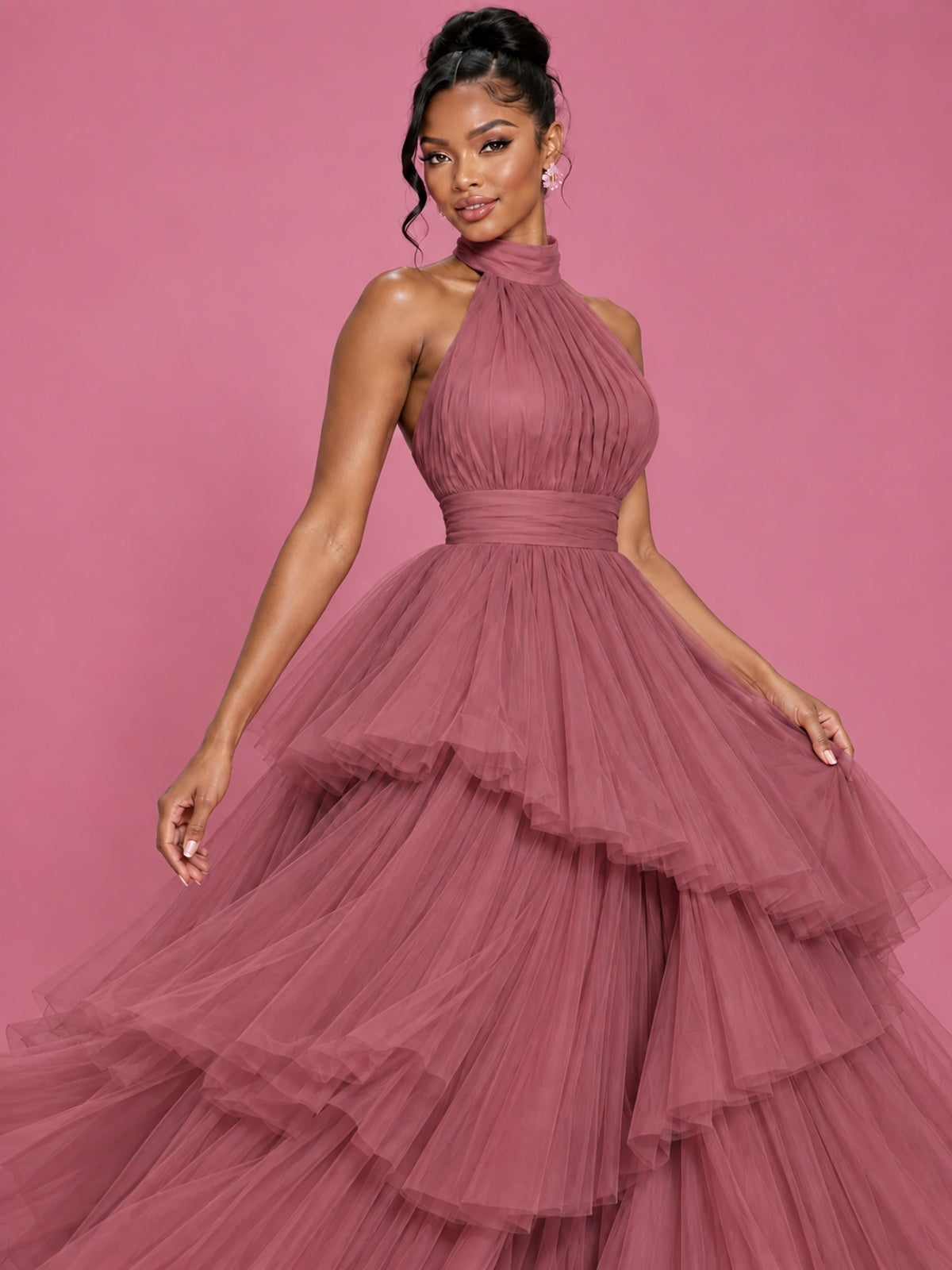 Hot Pink Tulle Halter Neck Tiered Ruffle Maxi Dress
