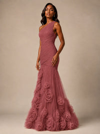 Blush Pink One Shoulder 3D Floral Mermaid Prom Dress