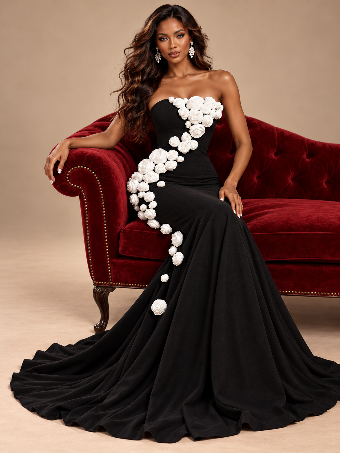 Close-up of 3D white rose appliques cascading across the strapless black bodice of a Jovellee formal dress