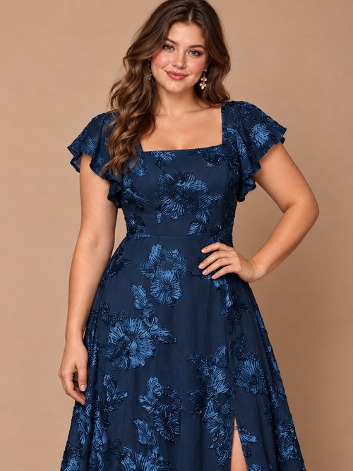 Close-up of floral lace applique detailing on navy blue midi dress
