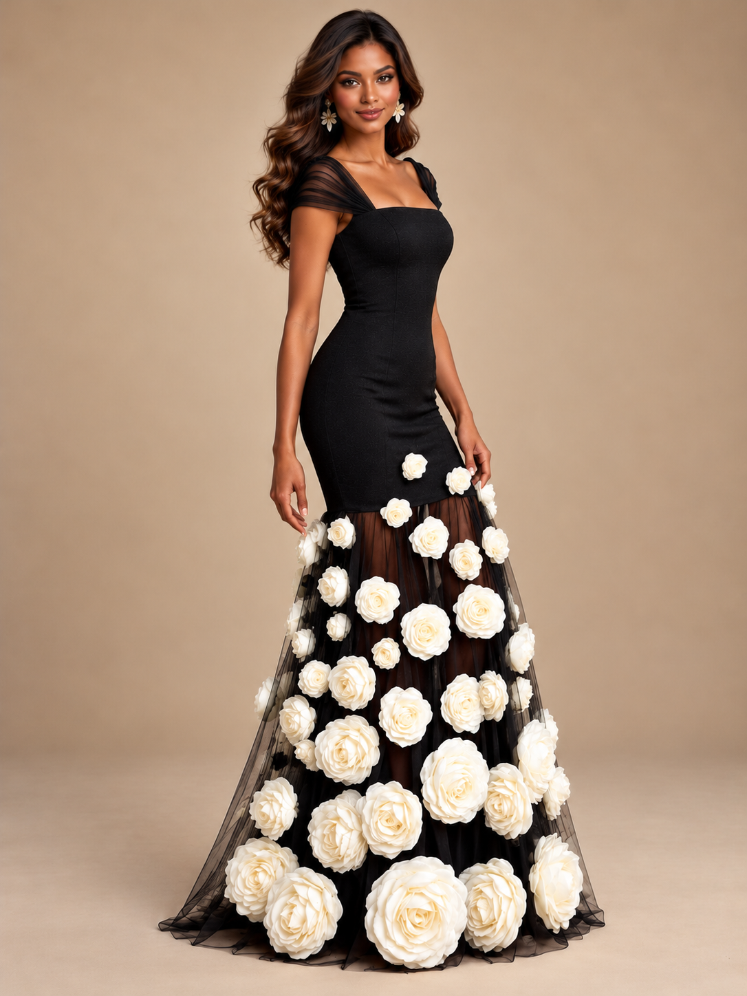 Close-up of ivory 3D rose appliques on the sheer black tulle skirt of a Jovellee formal gown