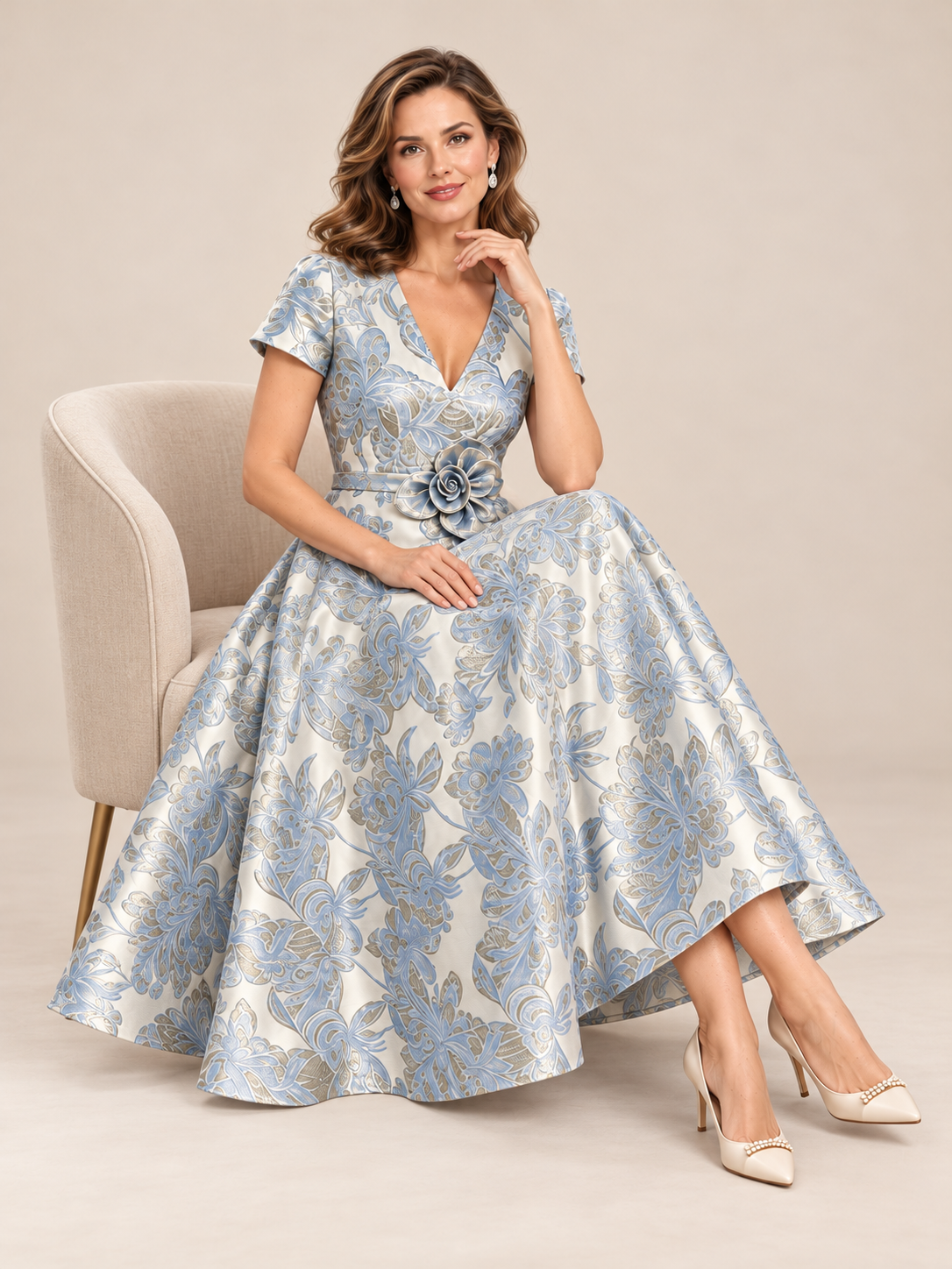 Close-up of sculptural 3D floral applique at the waist of blue formal dress