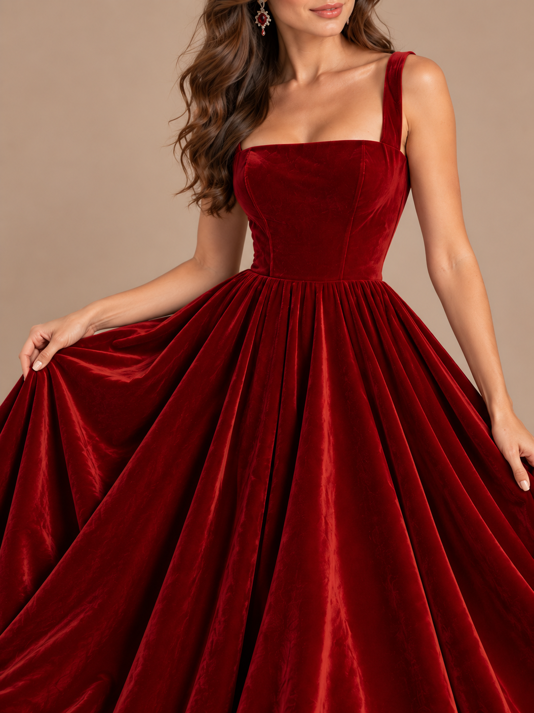 Close-up of the square neckline and wide shoulder straps on Jovellee's burgundy velvet formal dress