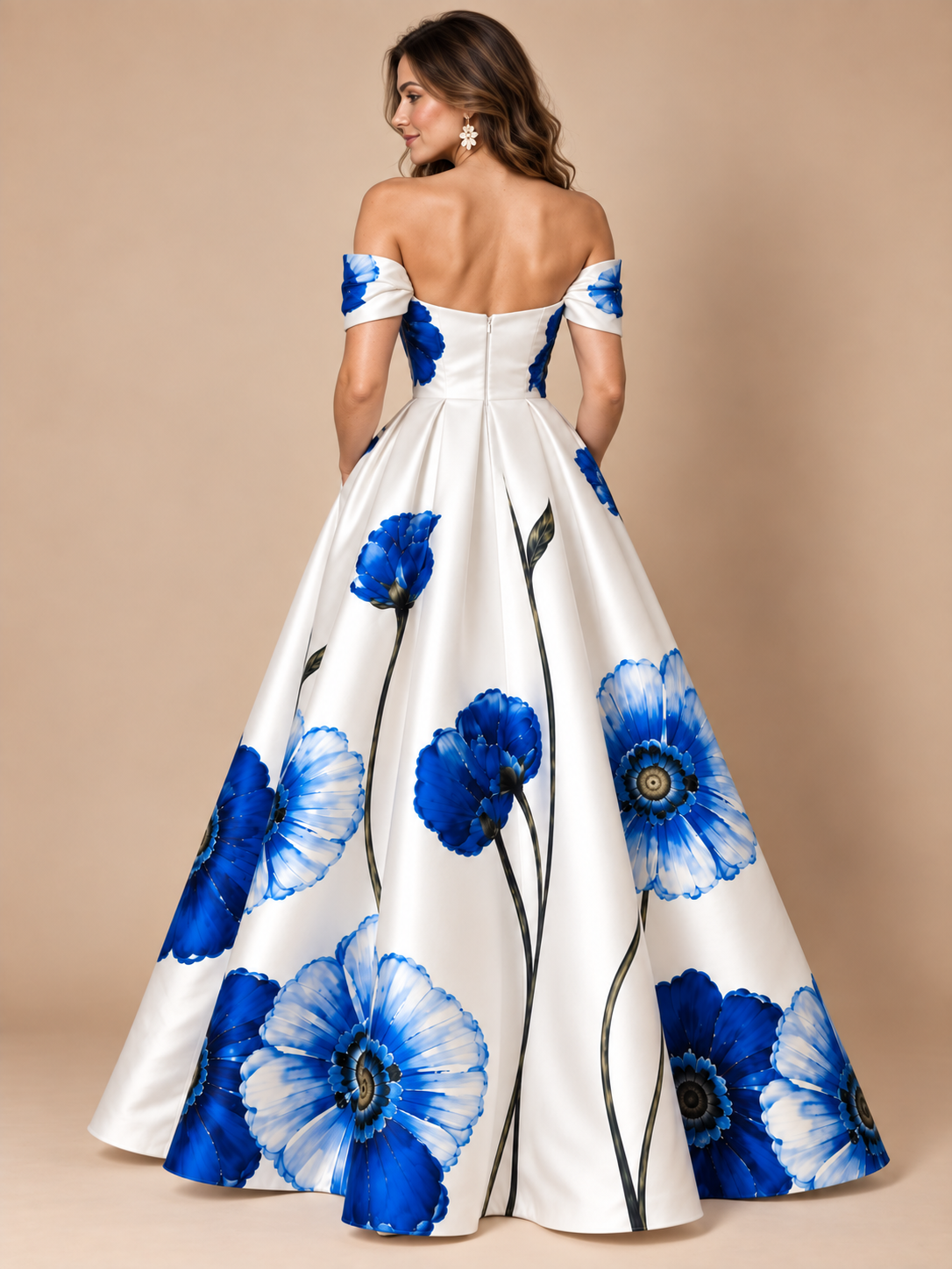 Cobalt blue floral print detail on white formal gown