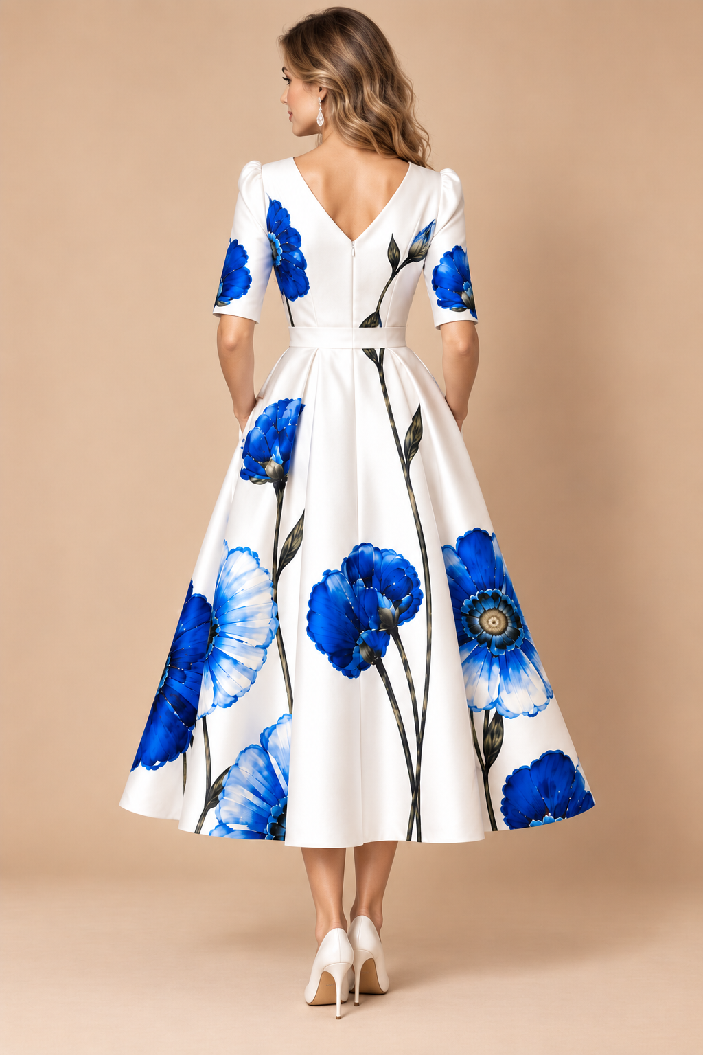 Cobalt blue floral print detail on white midi dress