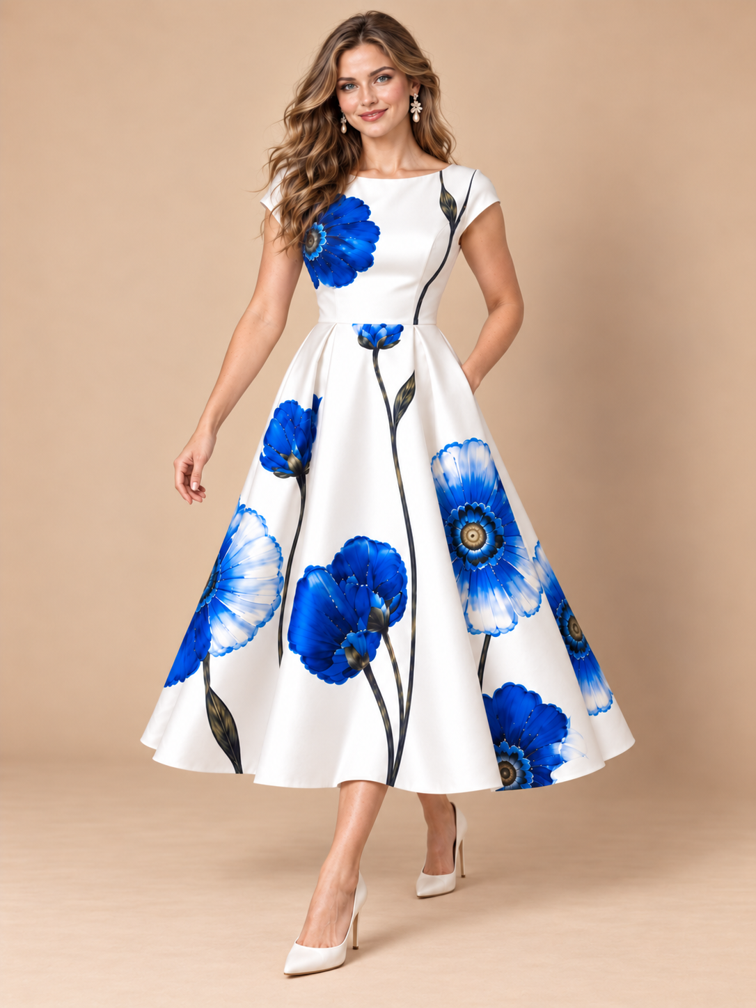 Cobalt blue floral print on white midi dress