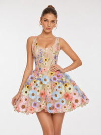 Colorful 3D floral applique details on Jovellee mini dress