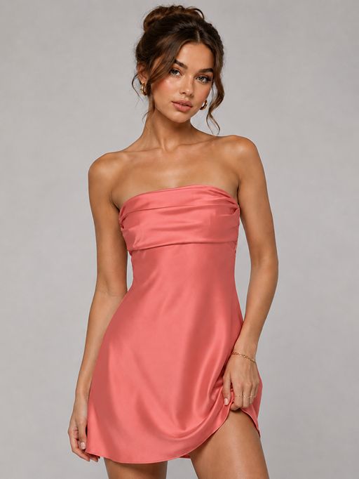 Burnt Orange Strapless Satin Mini Dress
