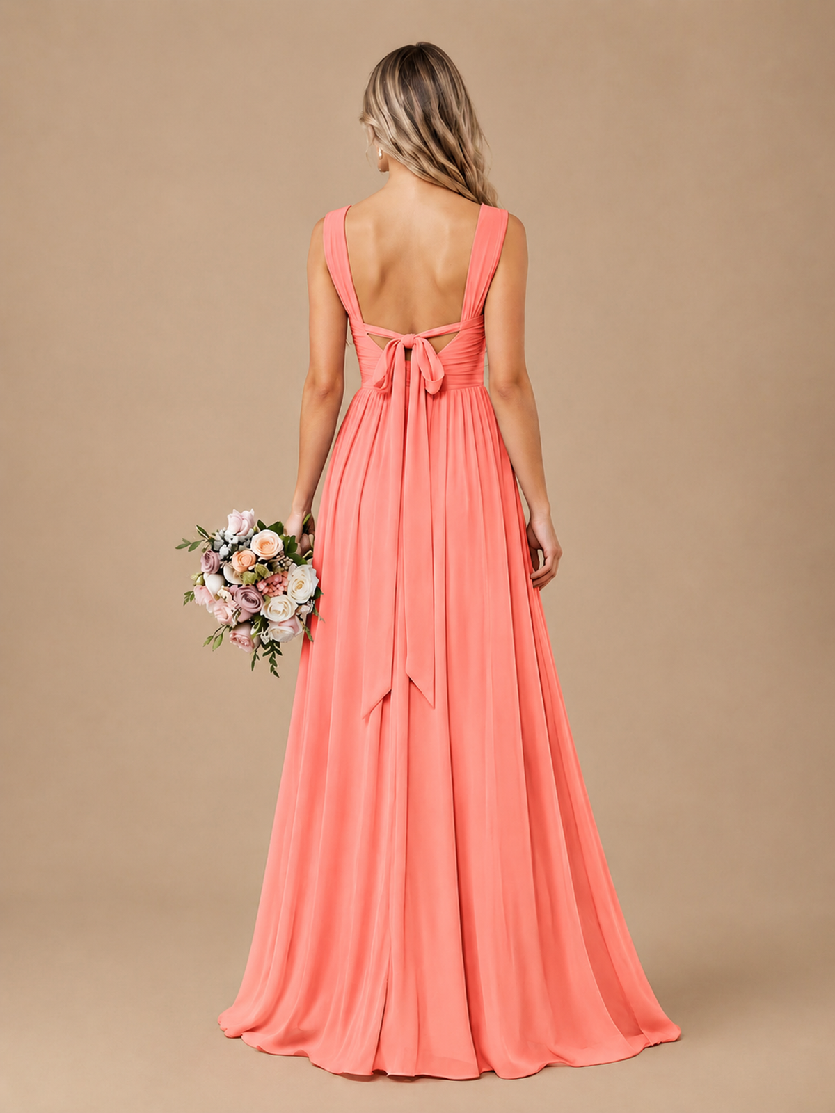 Pleated Chiffon V Neck Wedding Bridesmaid Dresses Floor Length with Slit