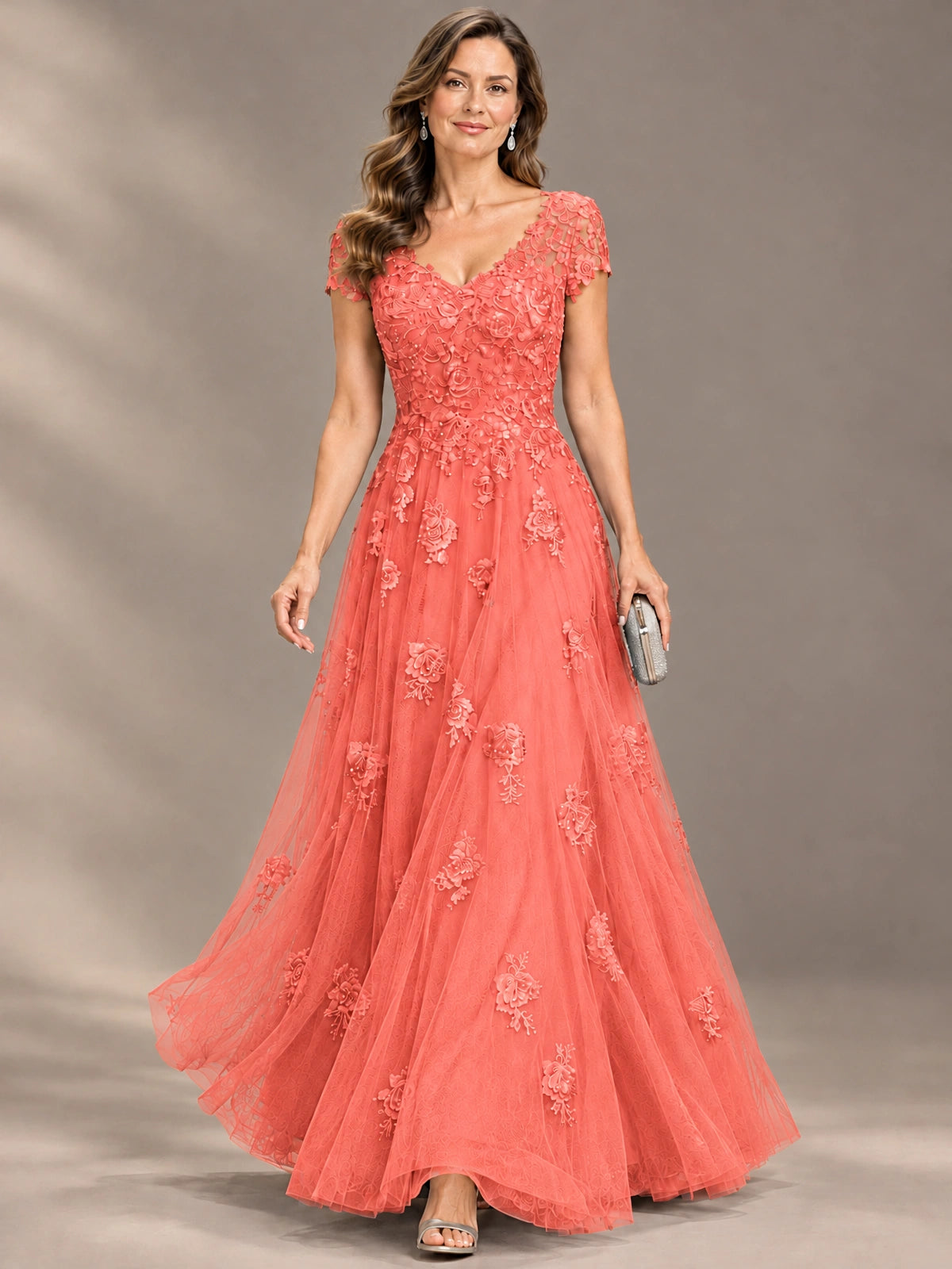 Lace Appliques A-line Mother of The Bride Dresses with Short Sleeves