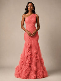 Blush Pink One Shoulder 3D Floral Mermaid Prom Dress