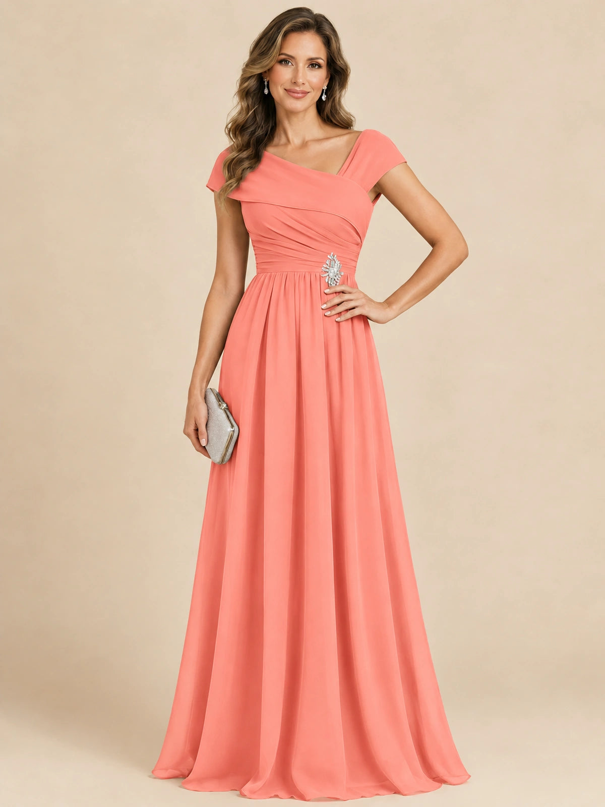 Cap Sleeve Mother of The Bride Dresses Long Chiffon Formal Gowns