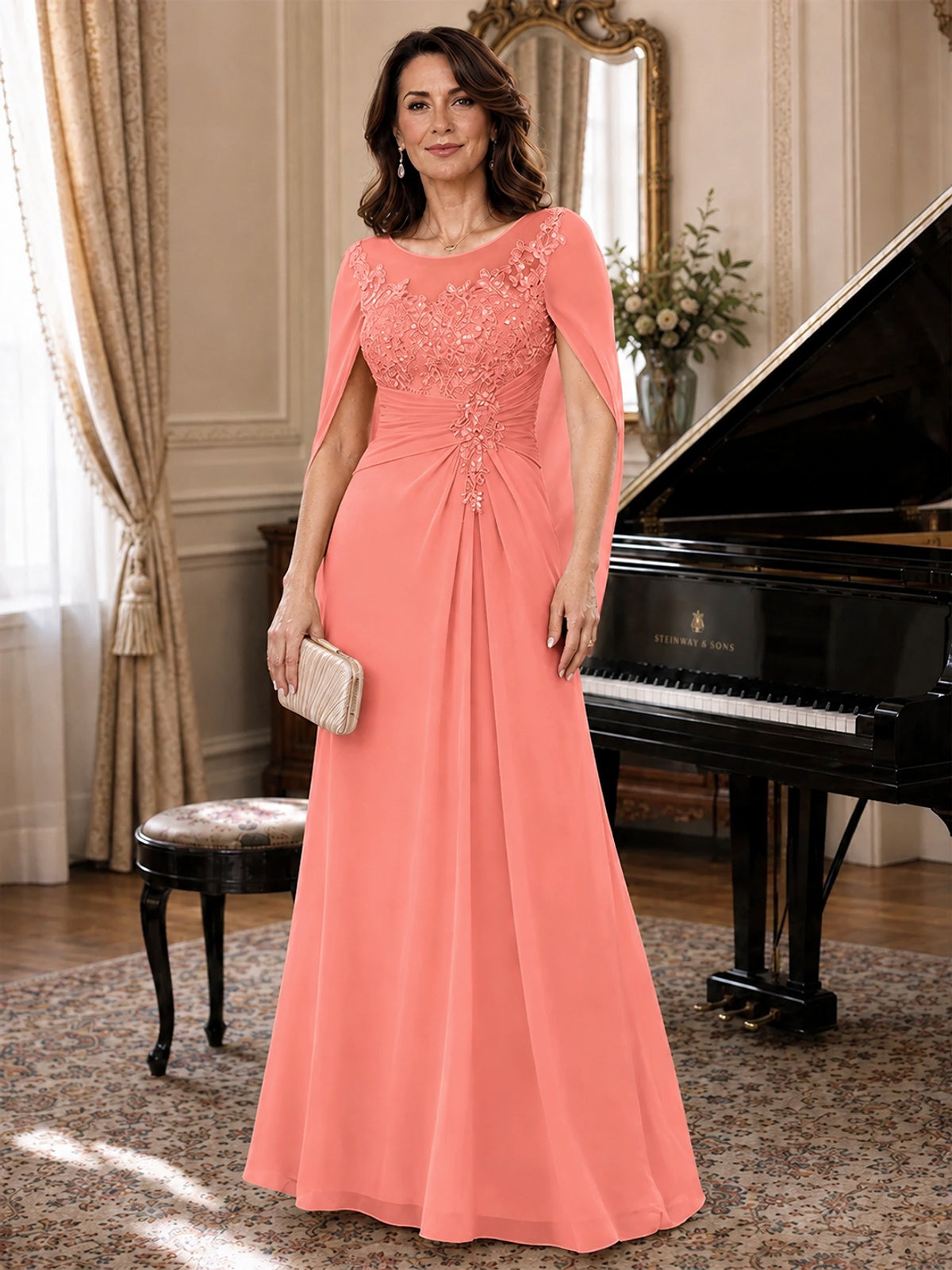 Elegant Applique Chiffon Mother of the Bride Dress with Cape Sleeves