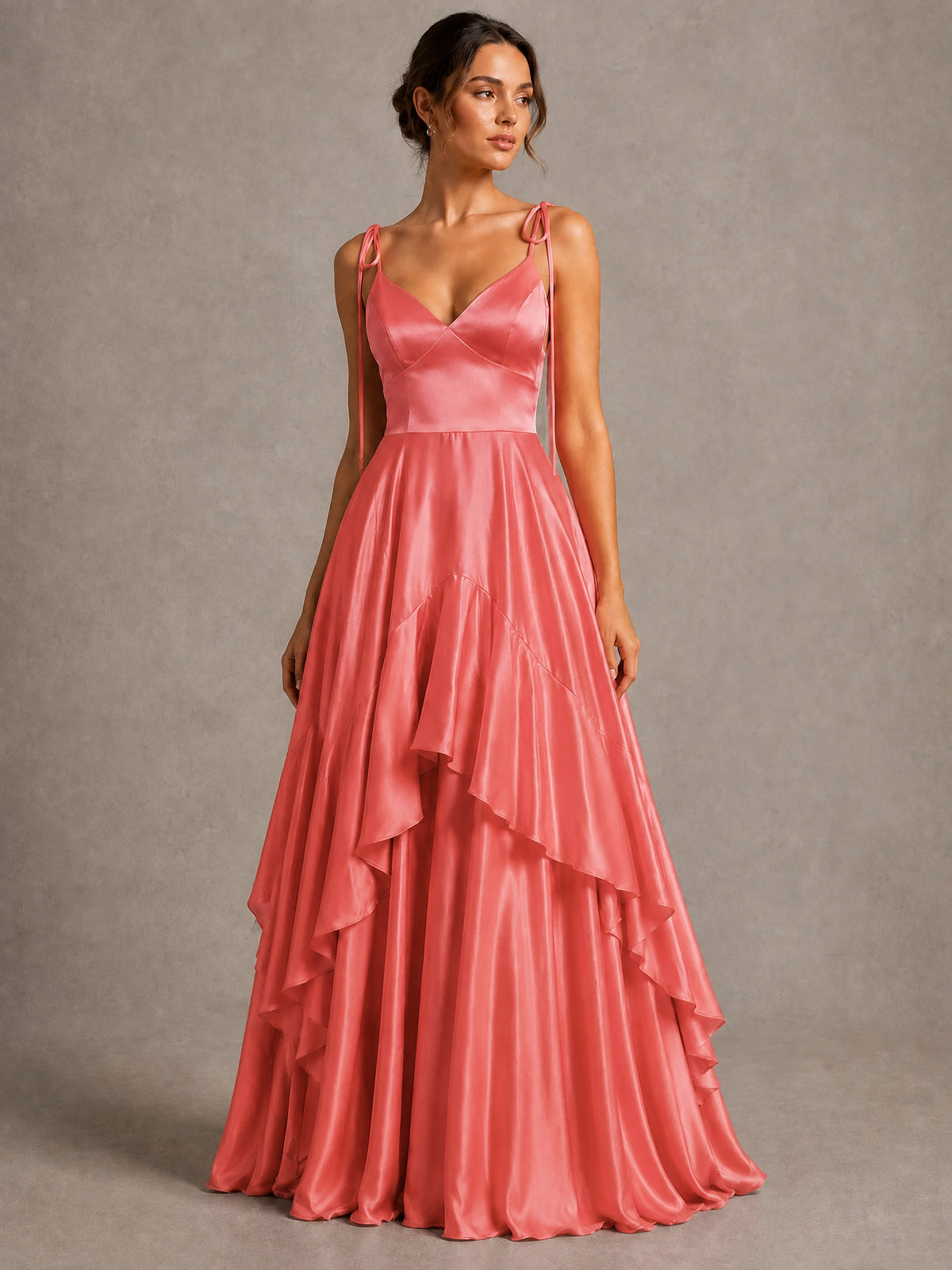 Lavender Satin V-Neck Ruffle Maxi Dress