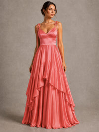 Lavender Satin V-Neck Ruffle Maxi Dress