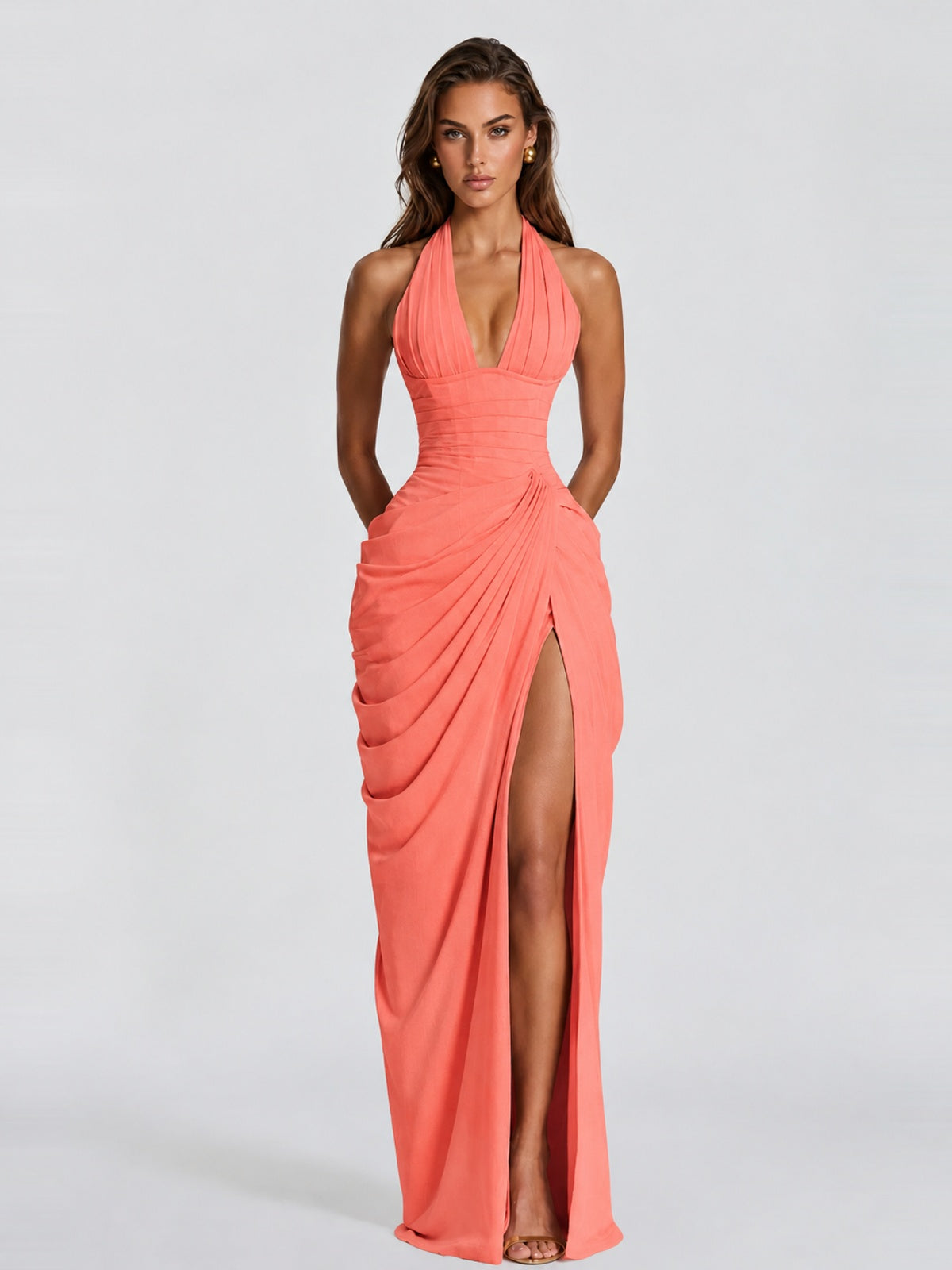 Ruched Halter Neck High-Slit Prom & Evening Dress