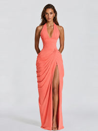 Ruched Halter Neck High-Slit Prom & Evening Dress