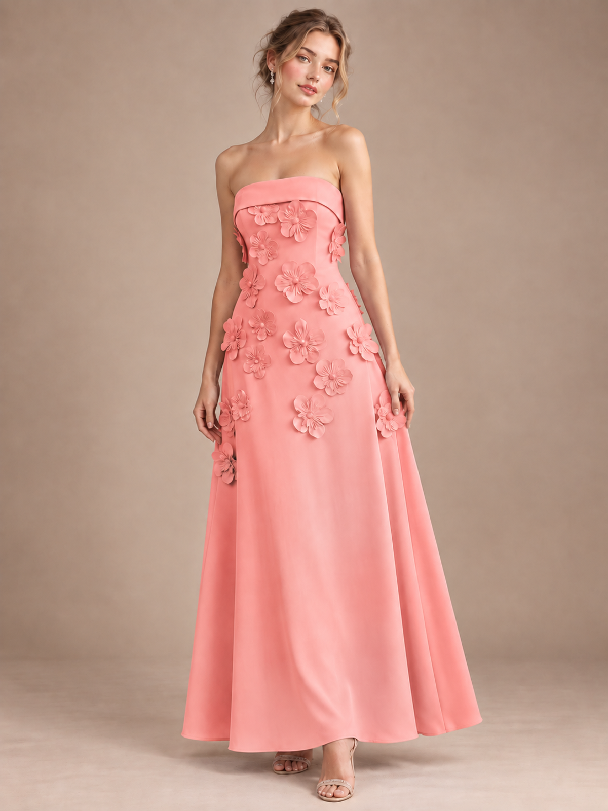 Coral Strapless 3D Floral Appliques Maxi Dress