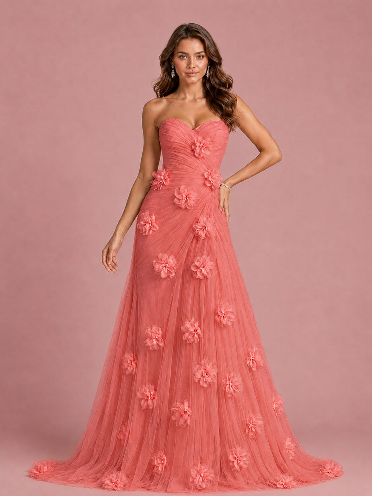 3D Floral Applique Strapless Tulle Prom Dress with High Slit