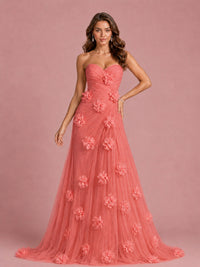 3D Floral Applique Strapless Tulle Prom Dress with High Slit
