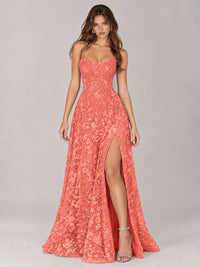 Floral Lace A-Line Prom Dress with Spaghetti Straps & High Slit