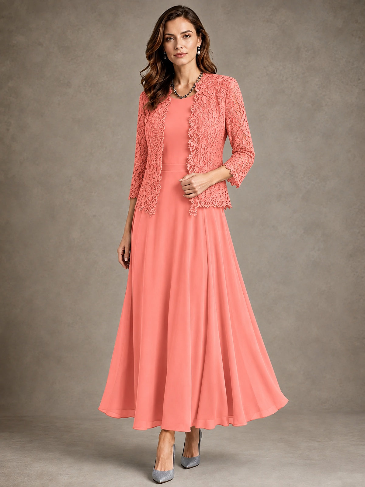 2-Piece Chiffon Mother of the Bride Dress with Lace Jacket
