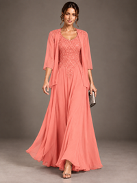 A-line 2 Pieces Chiffon Appliques Mother of The Bride Dresses with Jackets